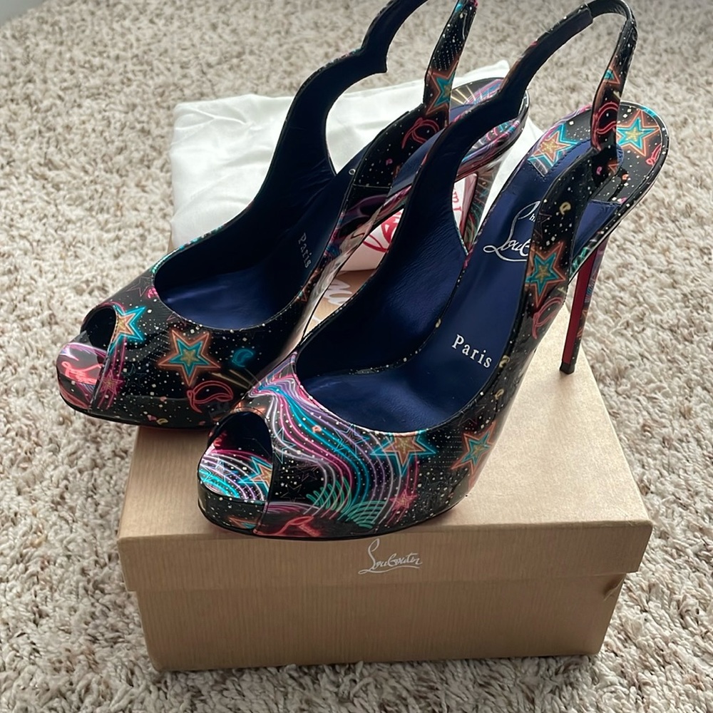 Christian Louboutin hot chick sling Alta 120 in multi black size 38.5 NIB